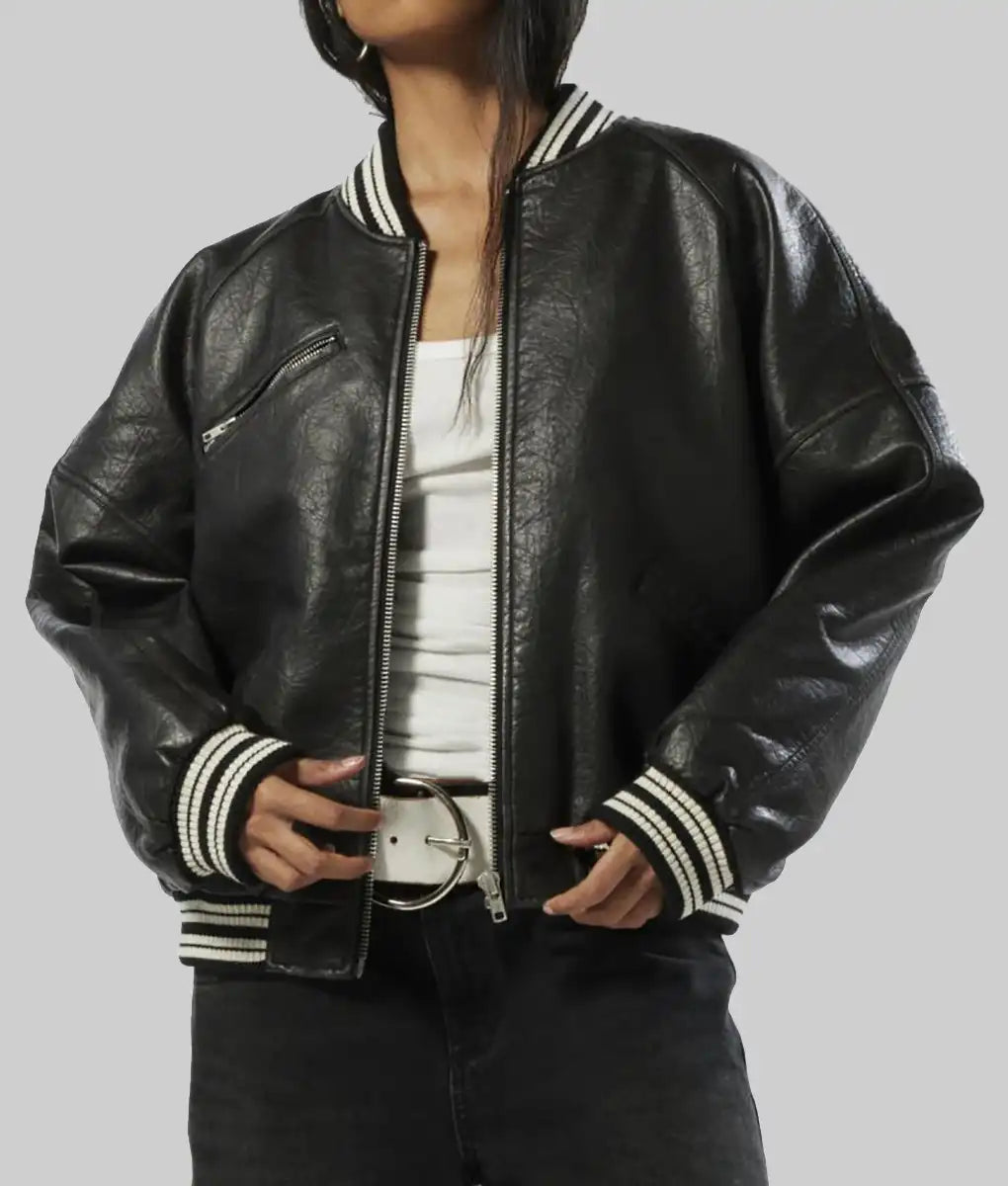Lush Gear women's black leather varsity jacket with striped ribbed cuffs and collar