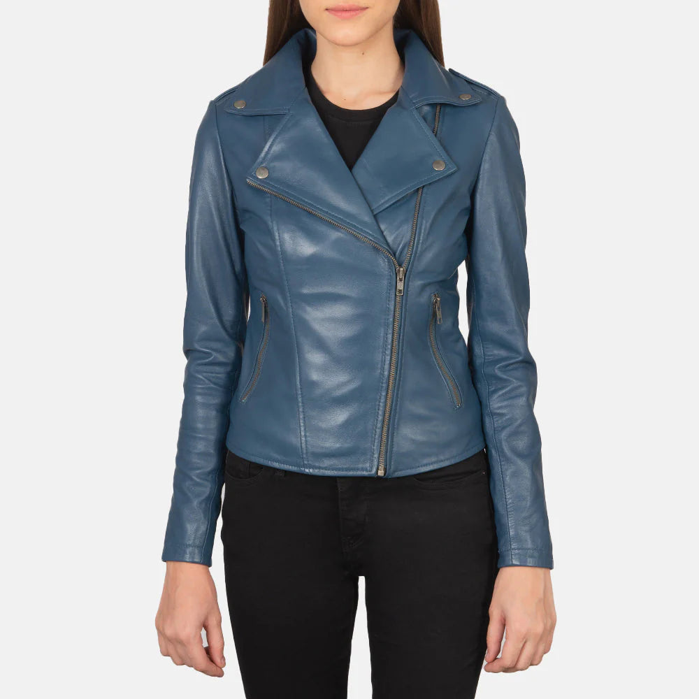 Lush Gear women's blue moto jacket with asymmetrical zipper and snap collar detailing