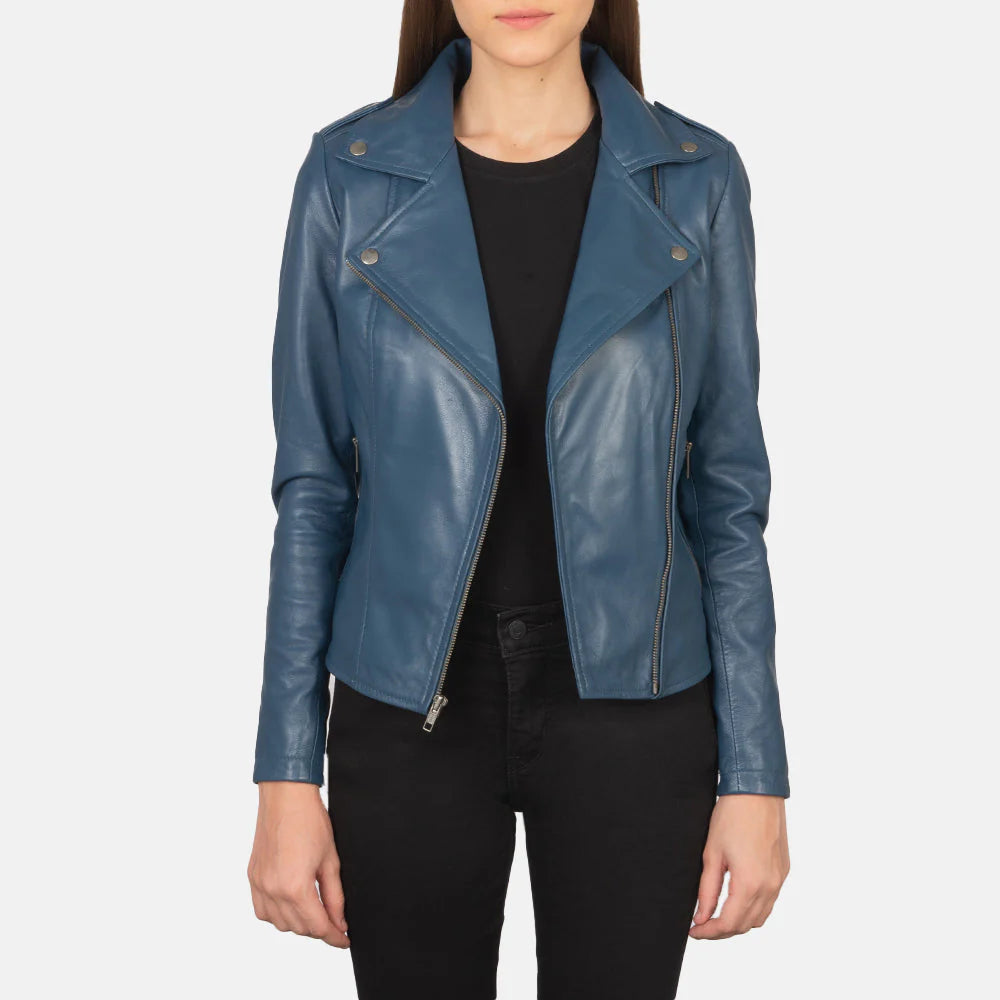 Lush Gear women's blue moto jacket in leather with zipper and snap button details