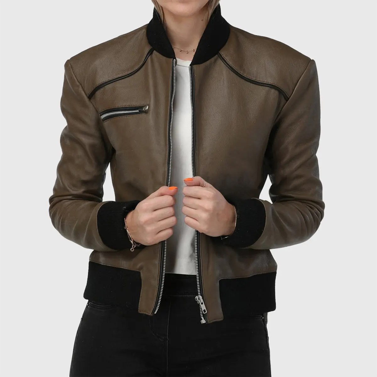Lush Gear women's brown bomber leather jacket with black collar and cuffs shown on model