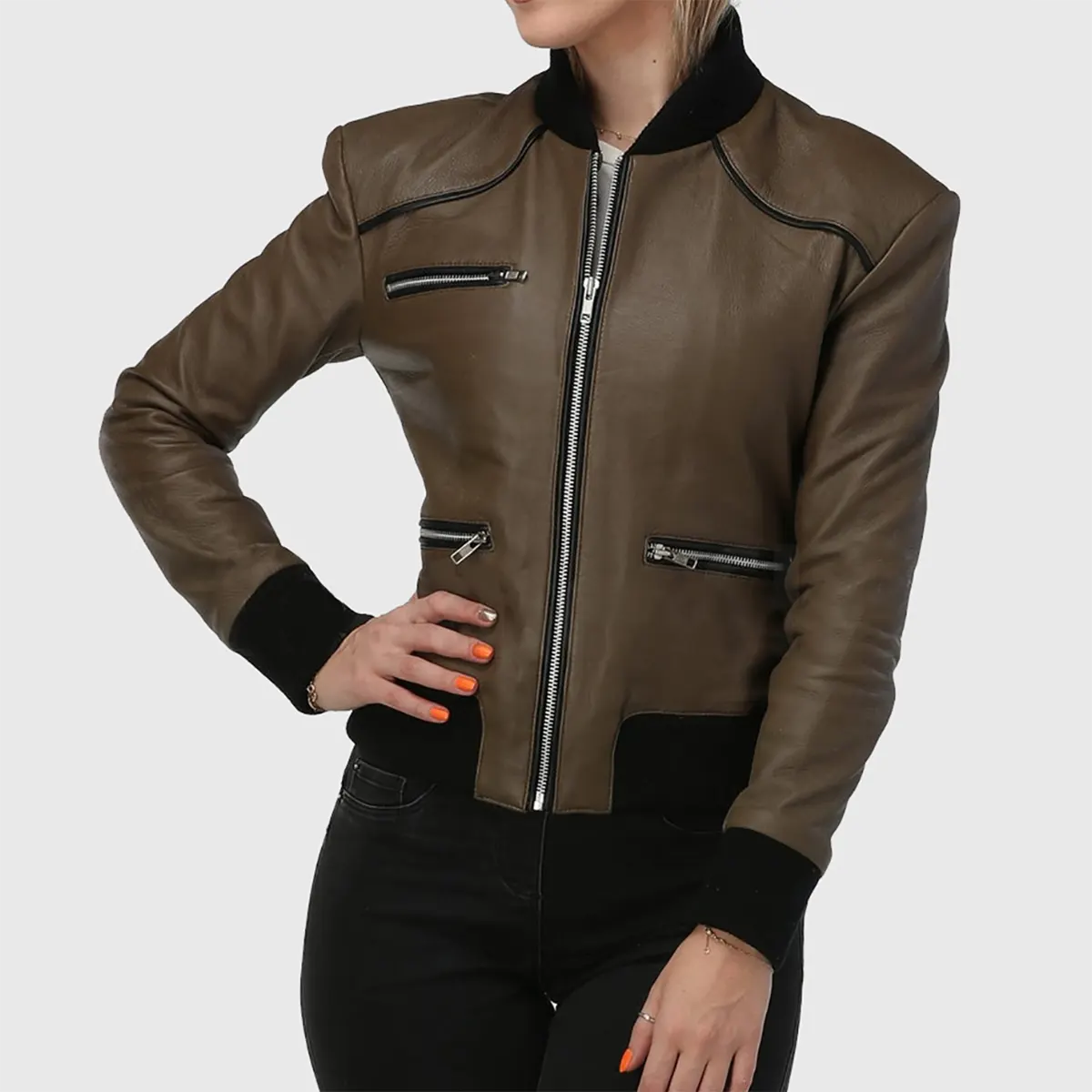 Lush Gear women's brown bomber leather jacket with black cuffs and zippered pockets