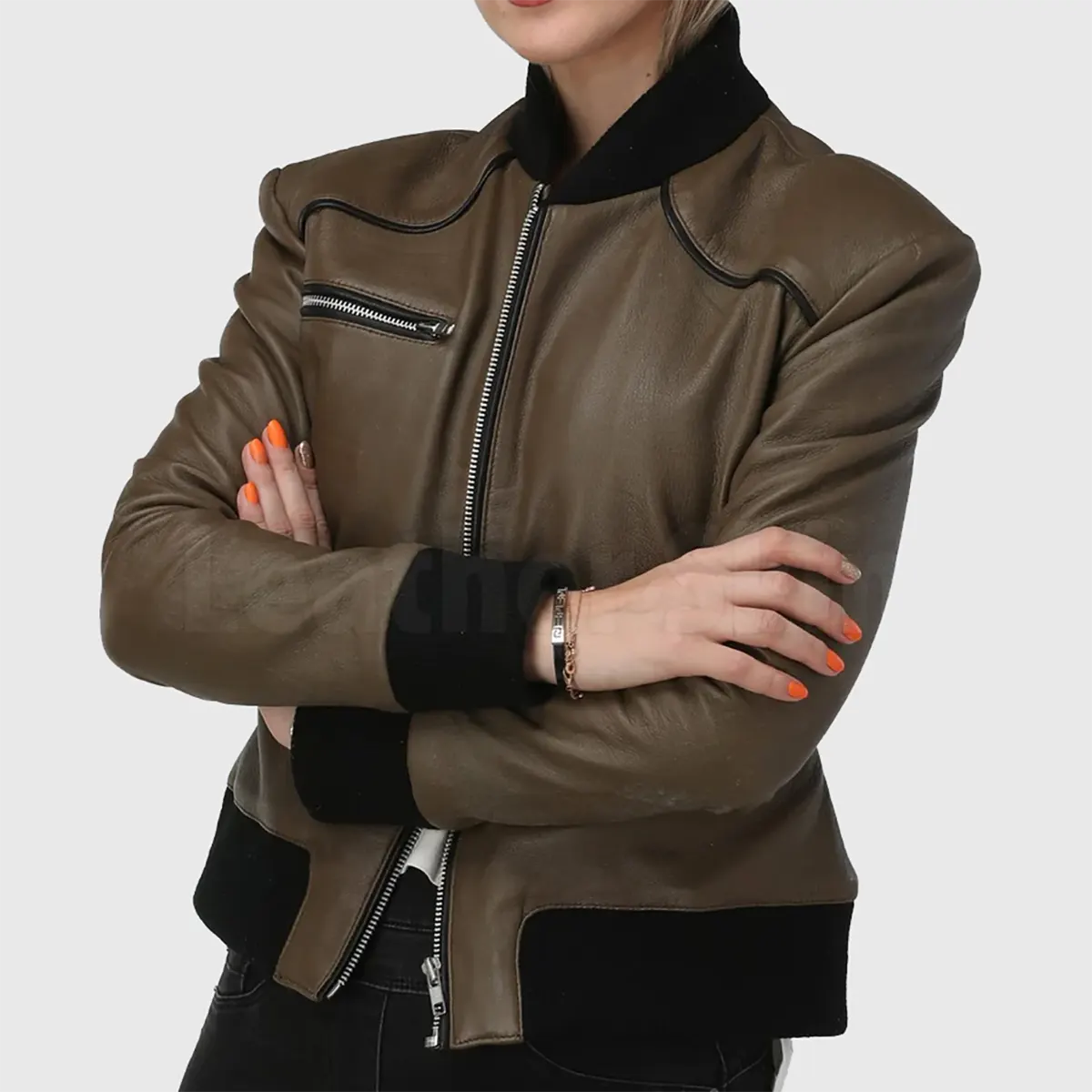 Lush Gear women's brown bomber leather jacket with zipper pockets and black ribbed cuffs