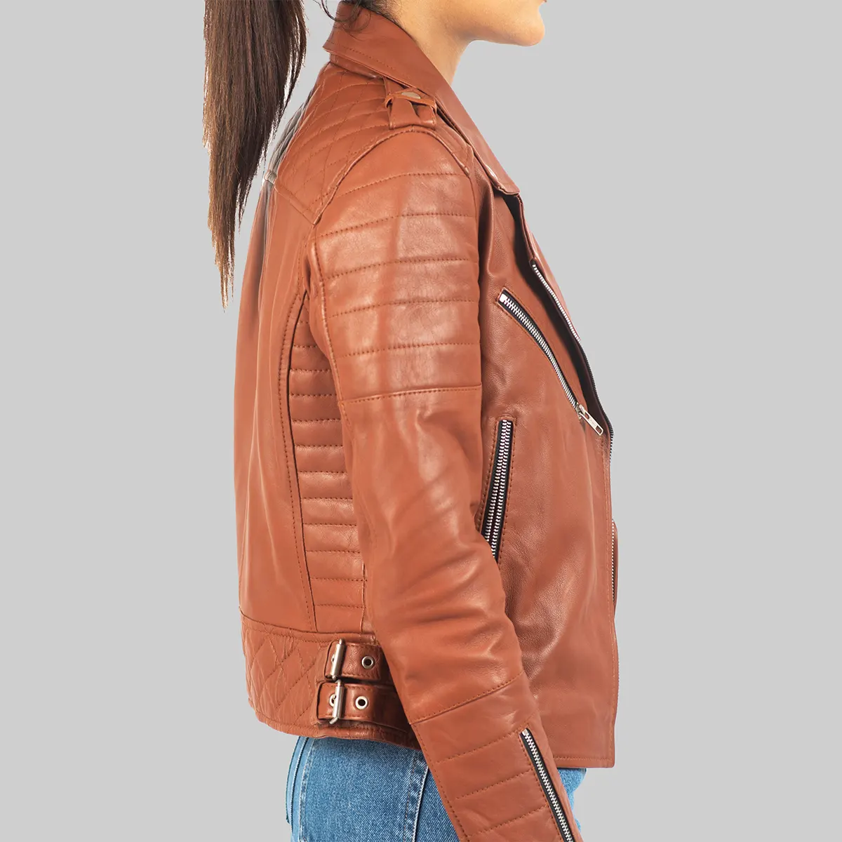 Lush Gear women's brown leather biker jacket with quilted detailing and zipper pockets
