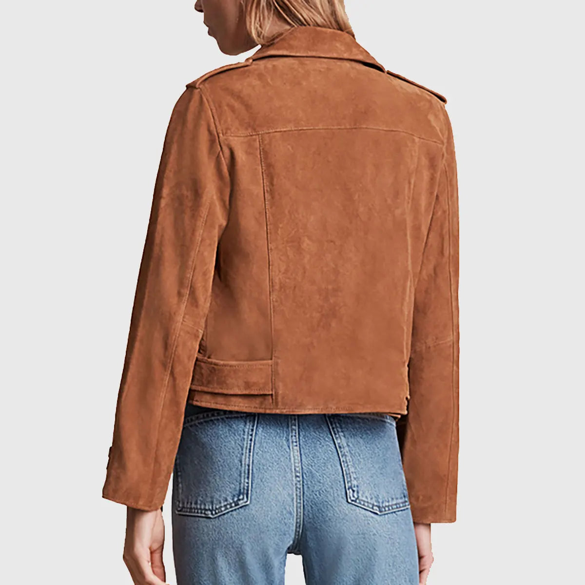 Back view of women's brown suede biker jacket by Lush Gear worn with blue jeans