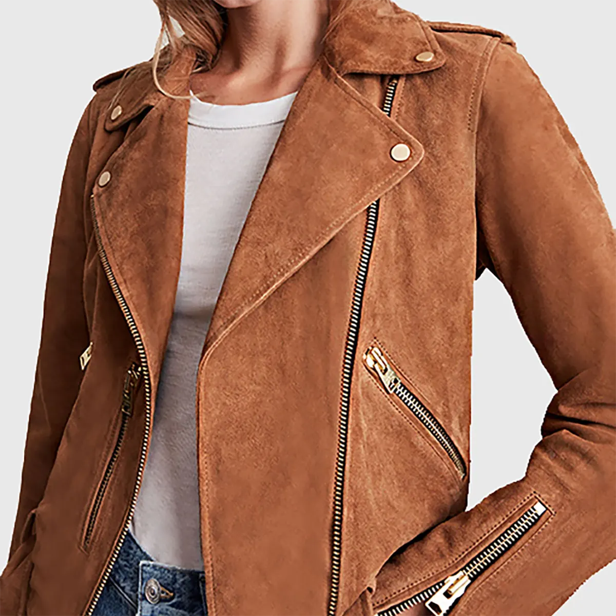 Lush Gear women's brown suede biker jacket with zipper pockets and lapel collar