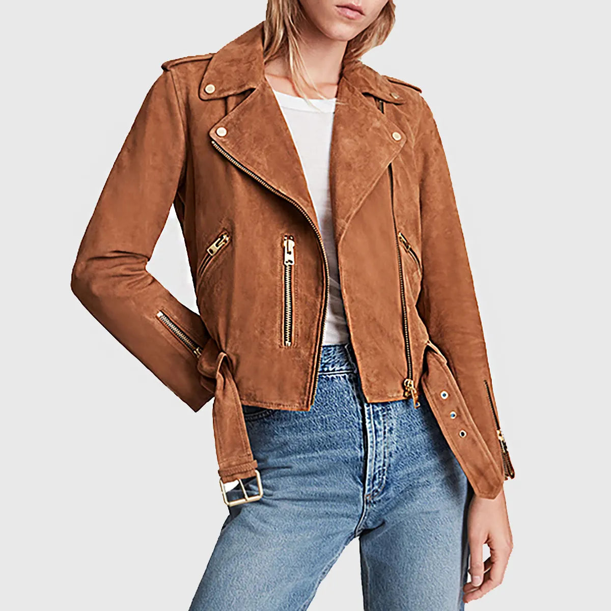 Lush Gear women's brown suede biker jacket with gold zippers and belt detail styled with white top and blue jeans