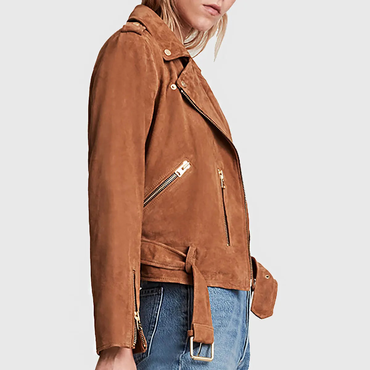 Lush Gear women's brown suede biker jacket with gold zippers and belt detail