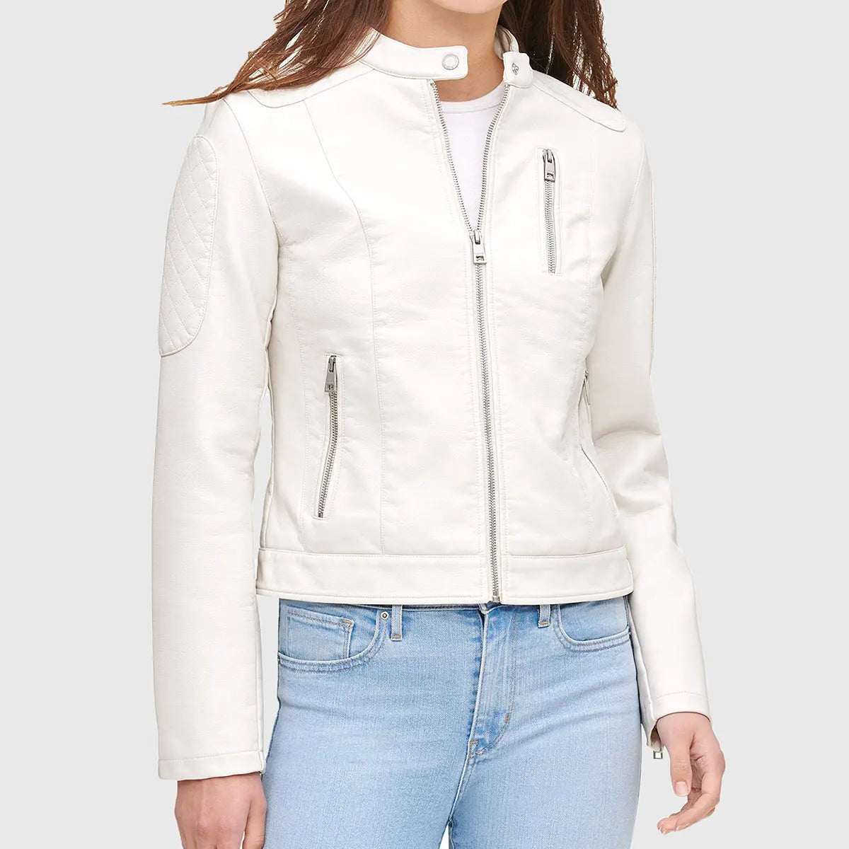 Lush Gear white women's cafe racer moto jacket with zipper pockets and quilted elbow patches