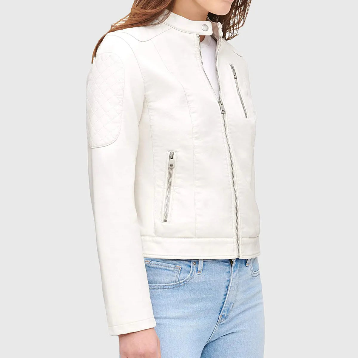 White women's cafe racer moto jacket from Lush Gear with zippered pockets and quilted elbow patches