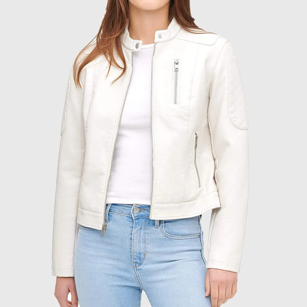 Lush Wear women's cafe racer moto jacket in white with zipper pockets and stand collar