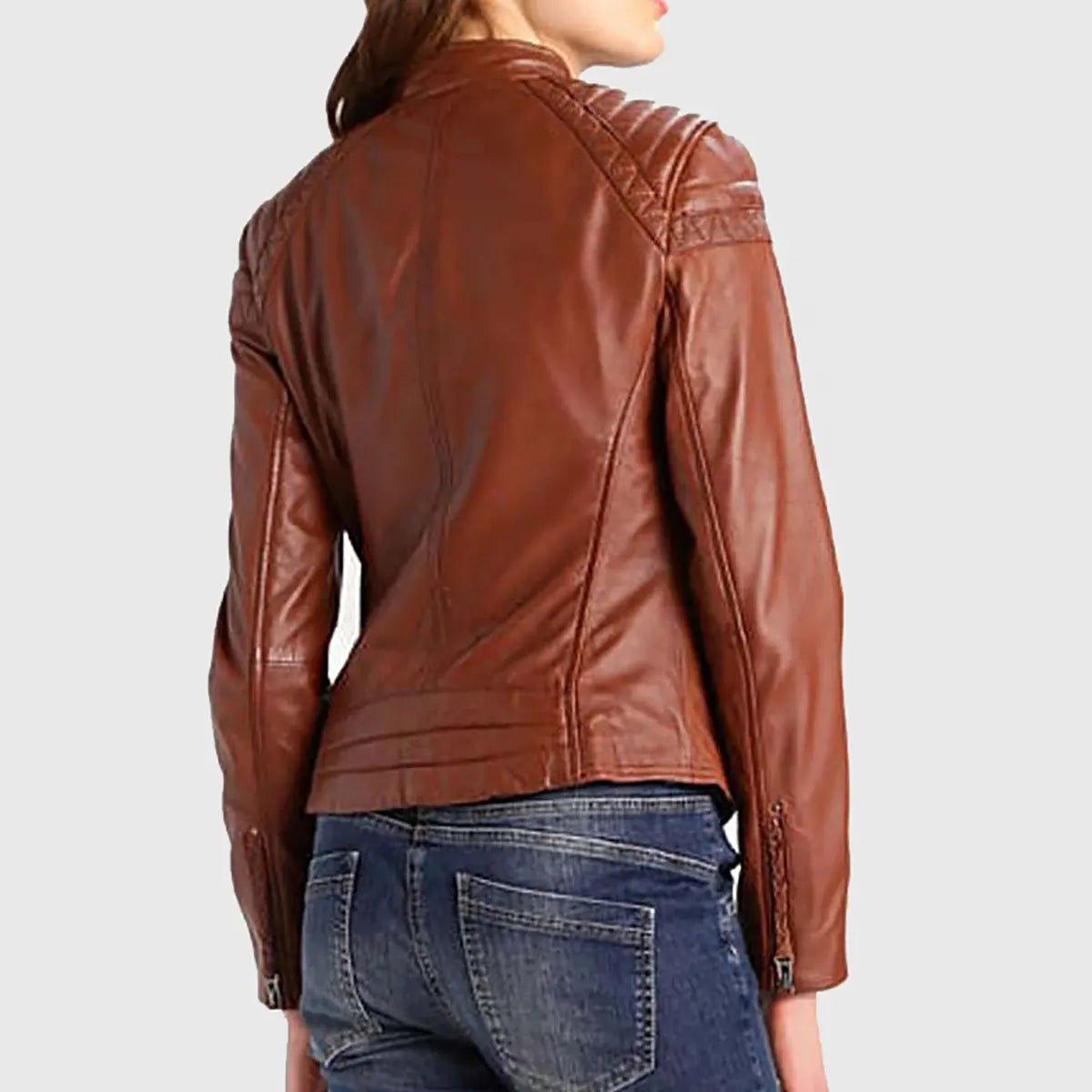 Back view of women's cognac leather biker jacket by Lush Gear with quilted shoulder details