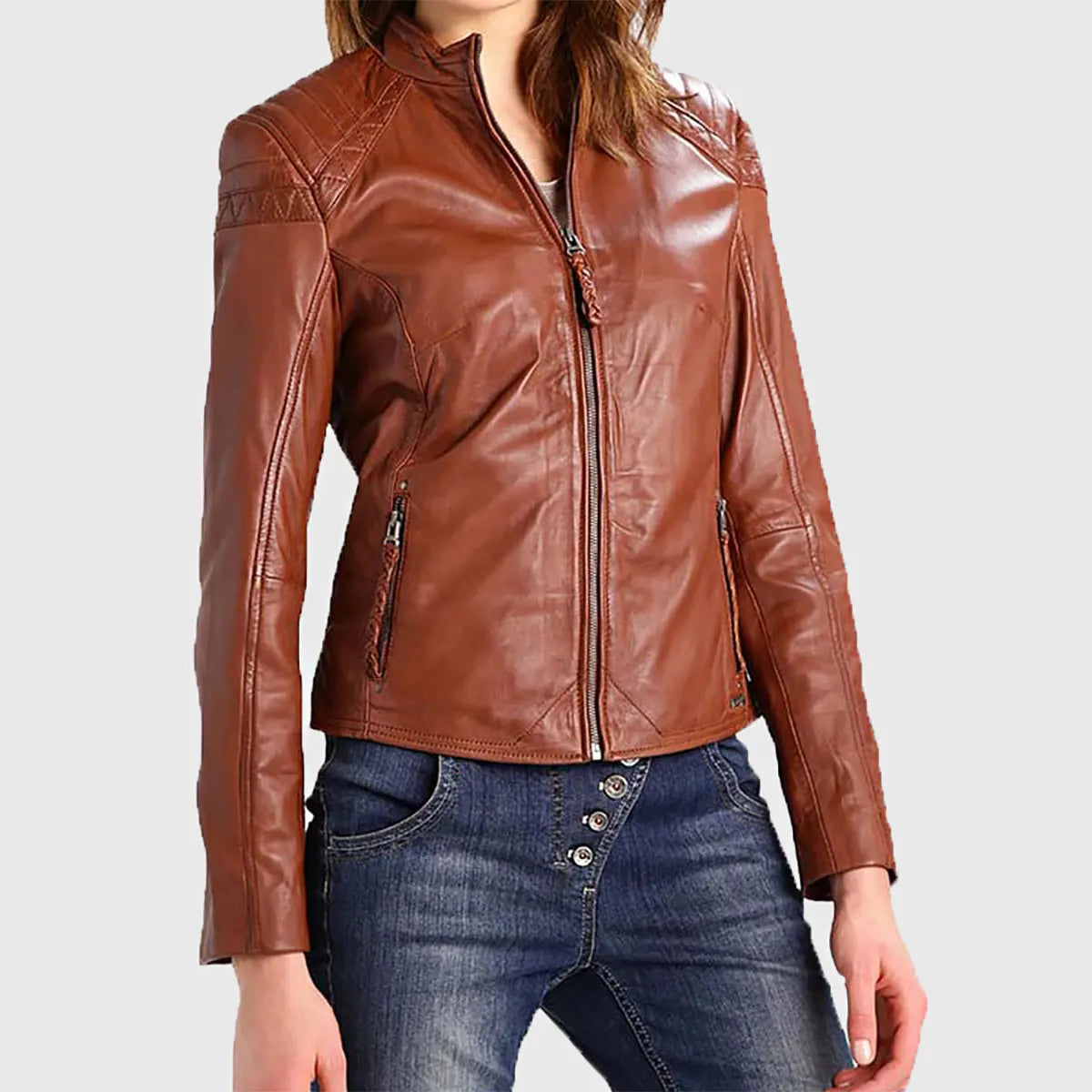 Lush Gear women's cognac leather biker jacket with zip-up front and side pockets