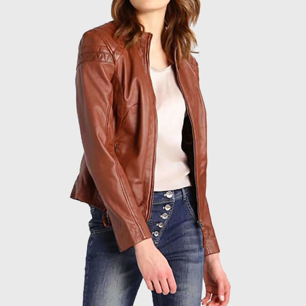 Lush Gear women's cognac leather biker jacket with quilted shoulder detail and front zipper