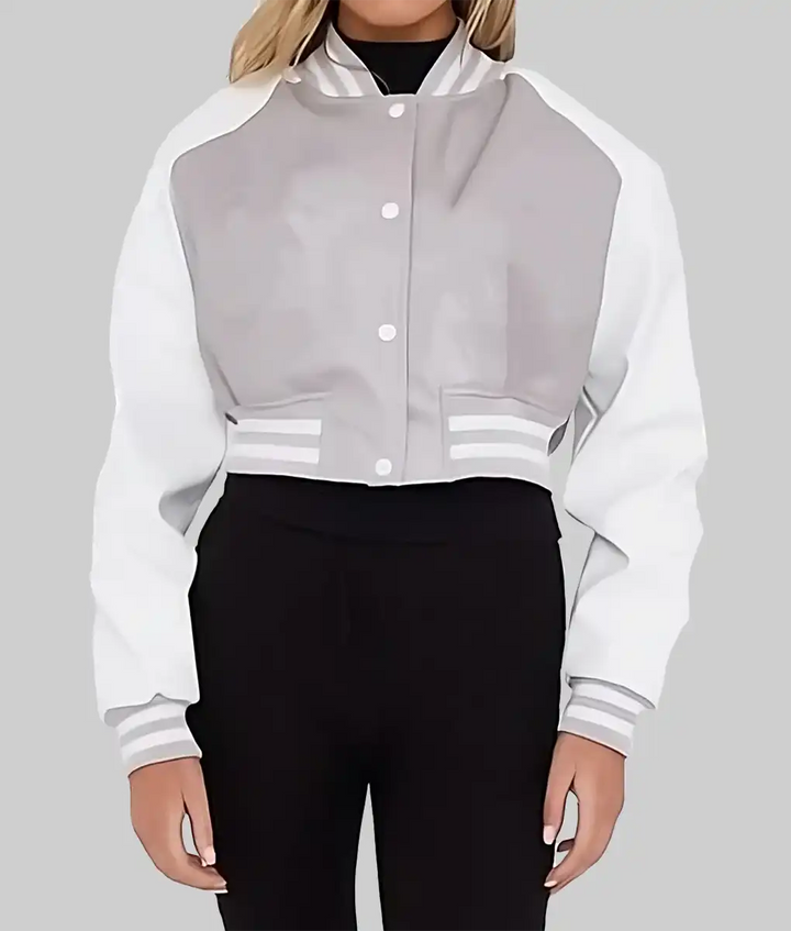 Lush Wear women's cropped varsity jacket in gray and white with striped cuffs and collar