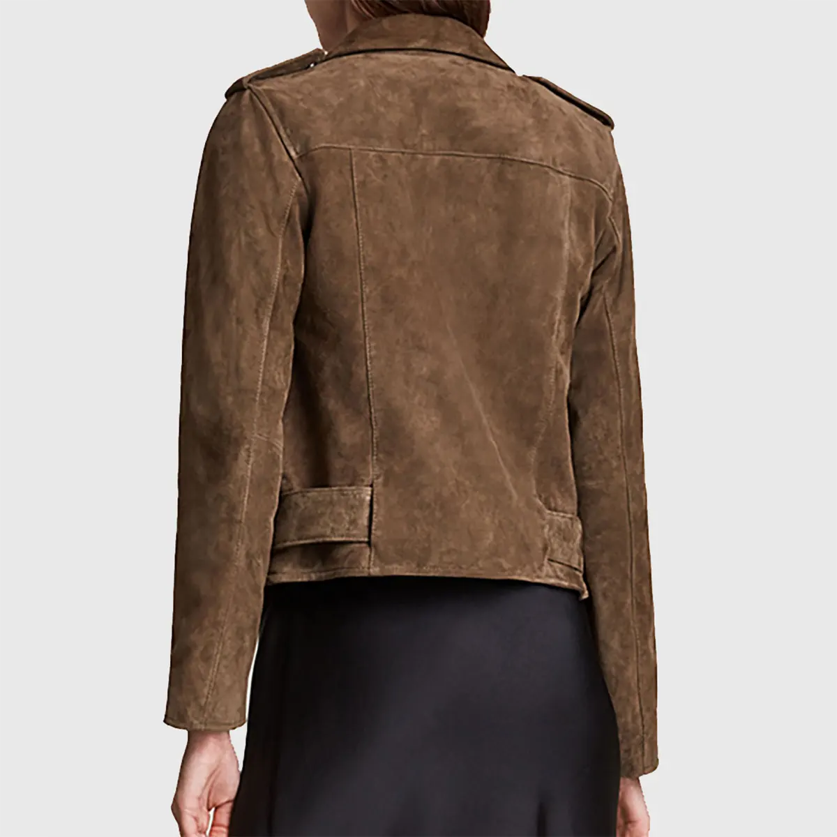 Back view of women's dark brown suede biker jacket by Lush Gear worn with black skirt