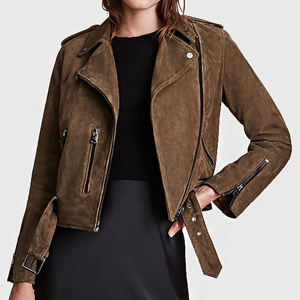 Lush Gear women's dark brown suede biker jacket with zipper pockets and belted waist
