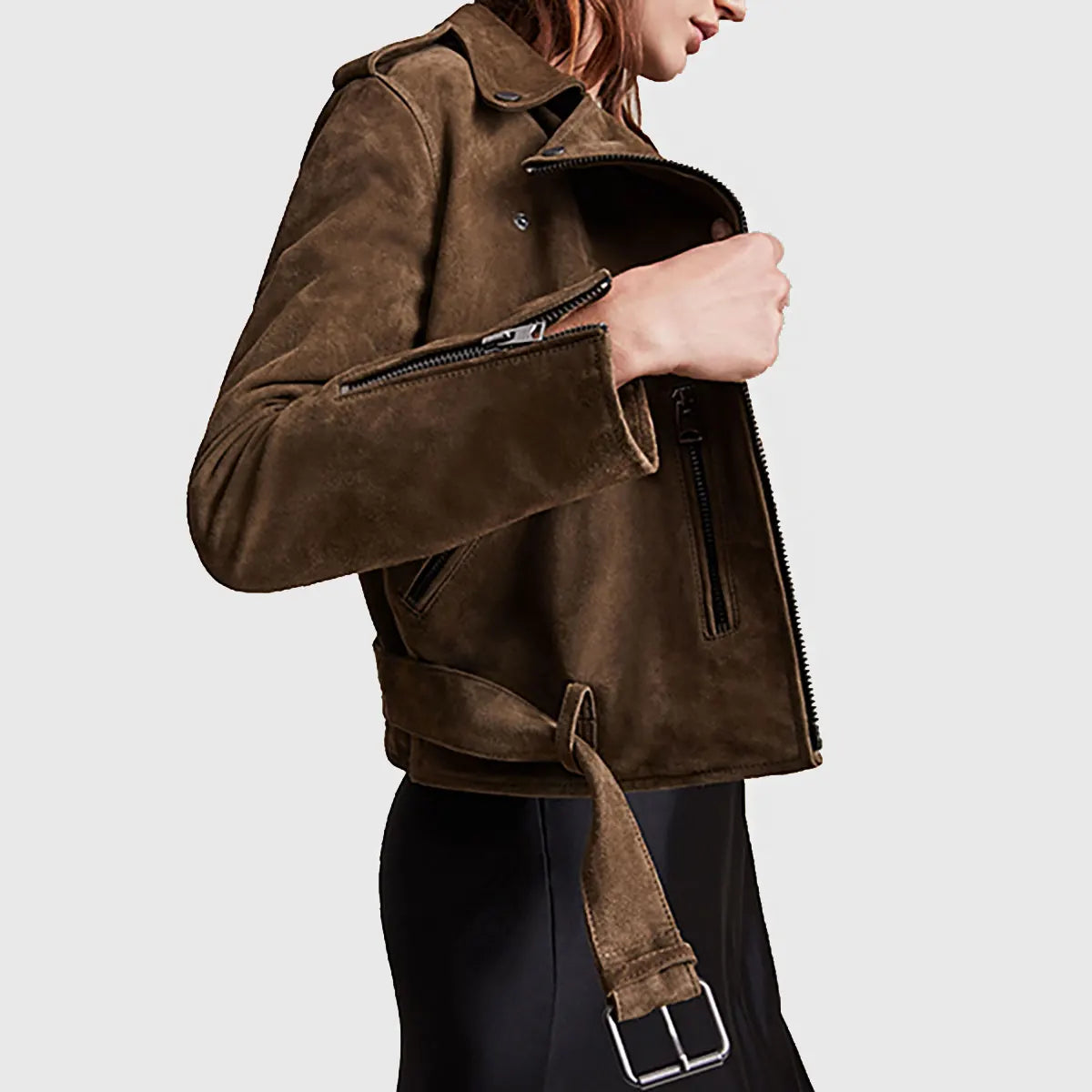 Lush Gear women's dark brown suede biker jacket with zipper and belt detail