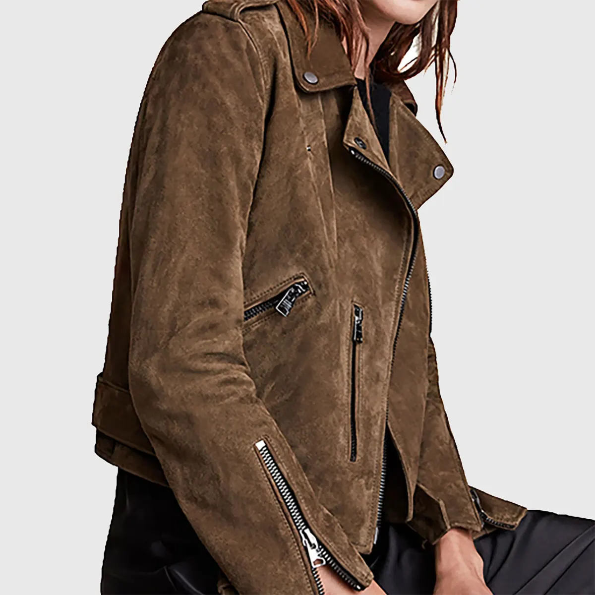 Lush Gear women's dark brown suede biker jacket with zipper details on sleeves and front pockets