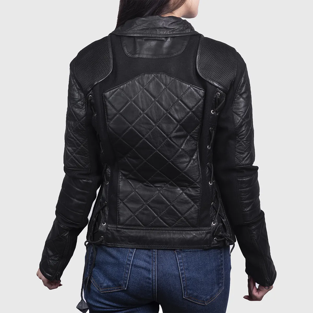 Lush Gear women's designer quilted jacket in black leather with detailed stitching and side lacing