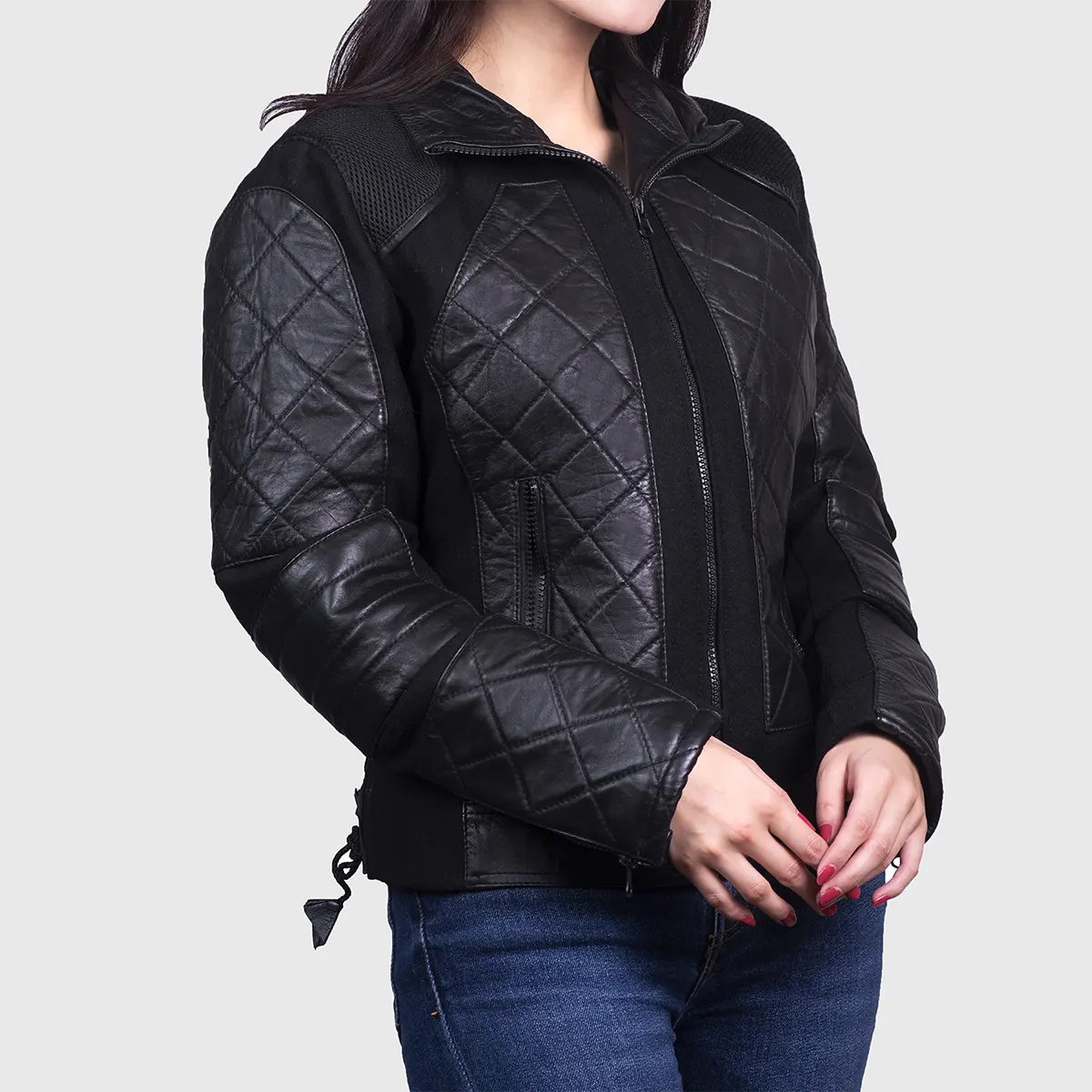 Lush Gear women's designer quilted jacket in black with zipper and leather quilted sleeves