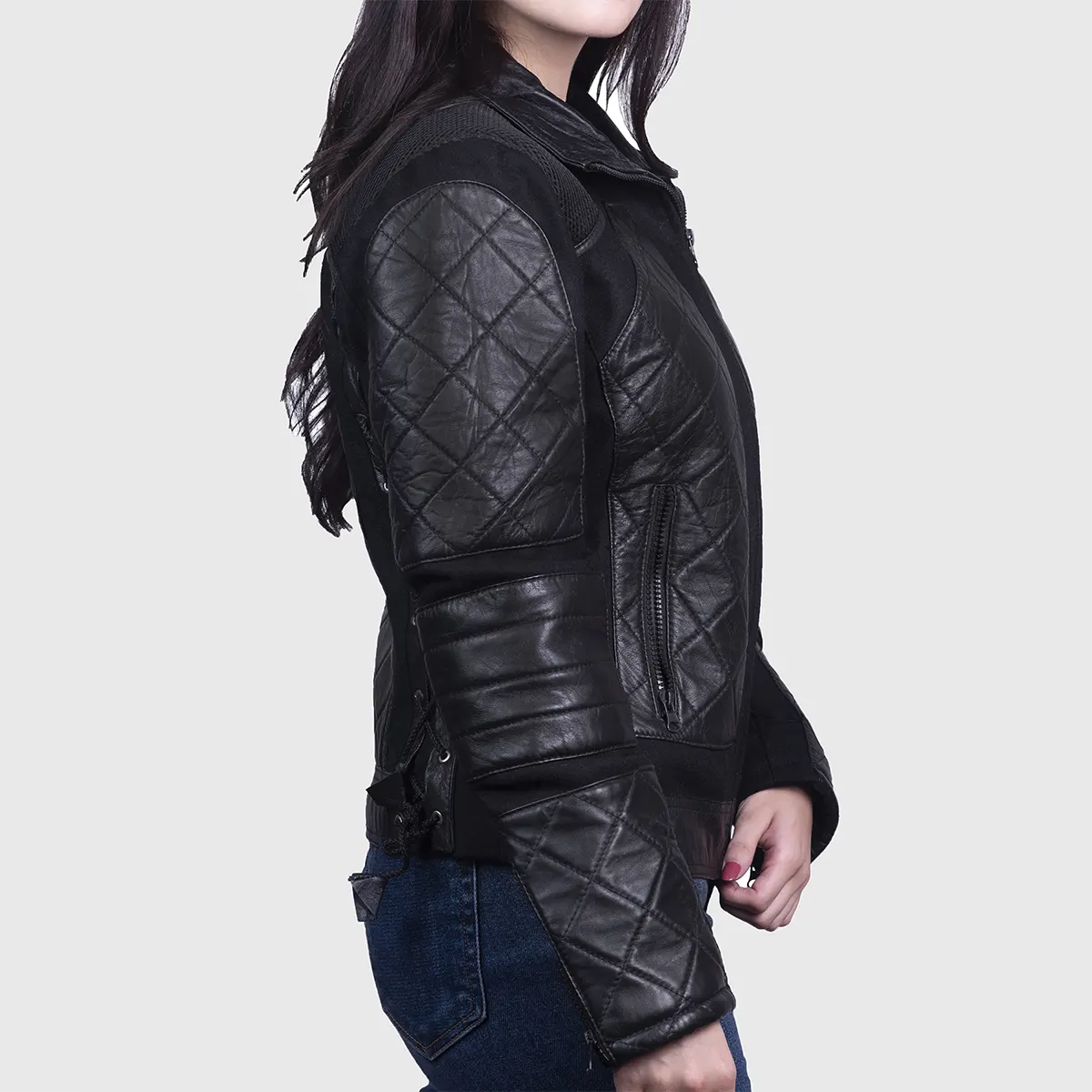 Lush Gear women's designer quilted jacket in black leather with diamond stitching and zip closure