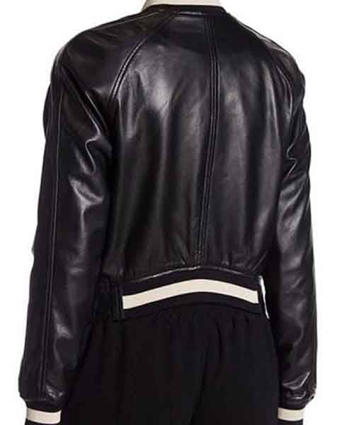 Back view of women's French bomber jacket in black leather with striped waistband and cuffs by Lush Gear