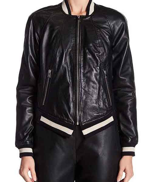 Lush Gear women's French bomber jacket in black leather with white striped cuffs and collar