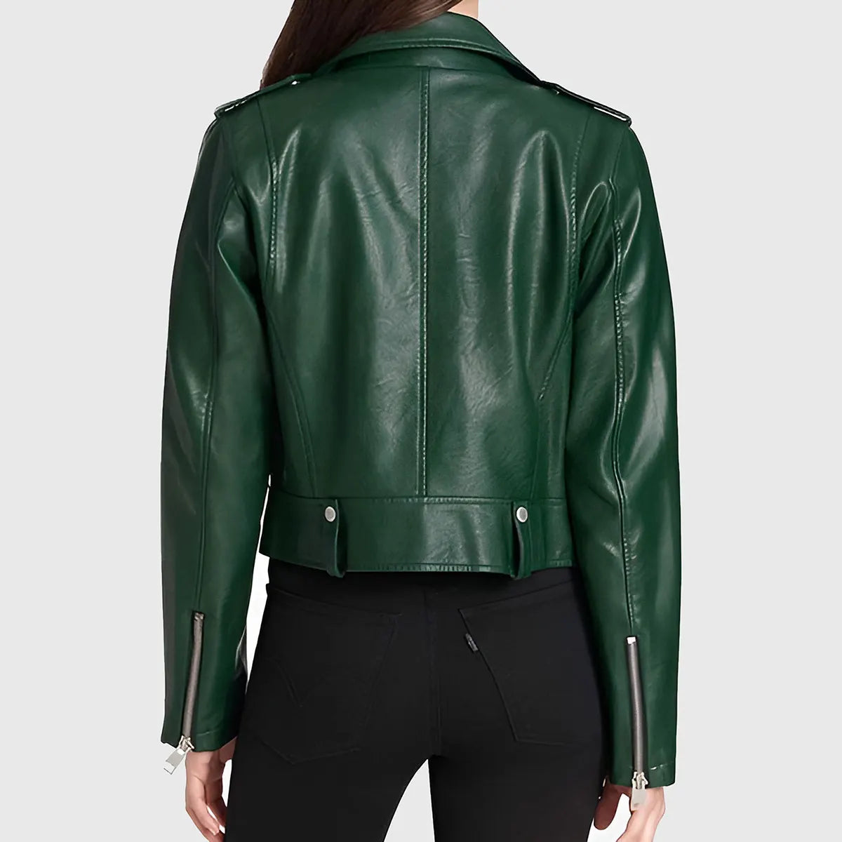 Back view of women's green leather biker jacket by Lush Gear with zippered cuffs and belt detail