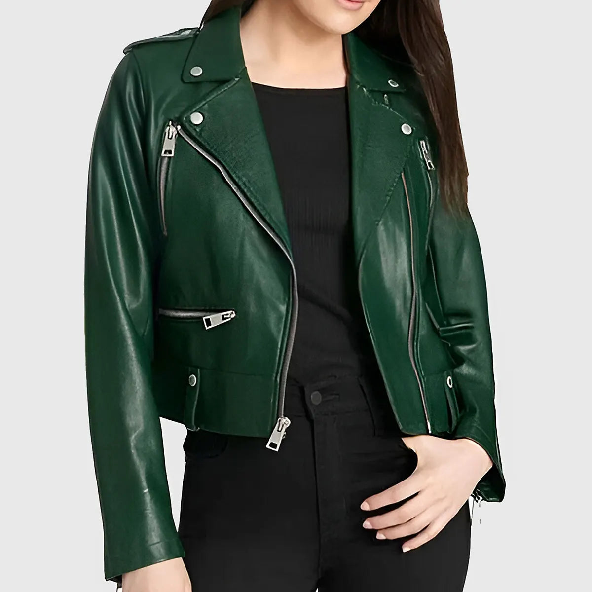 Lush Gear women's green leather biker jacket with silver zippers and button details