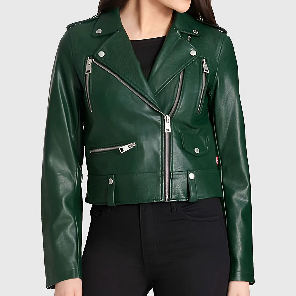 Lush Gear women's green leather biker jacket with zipper and button details