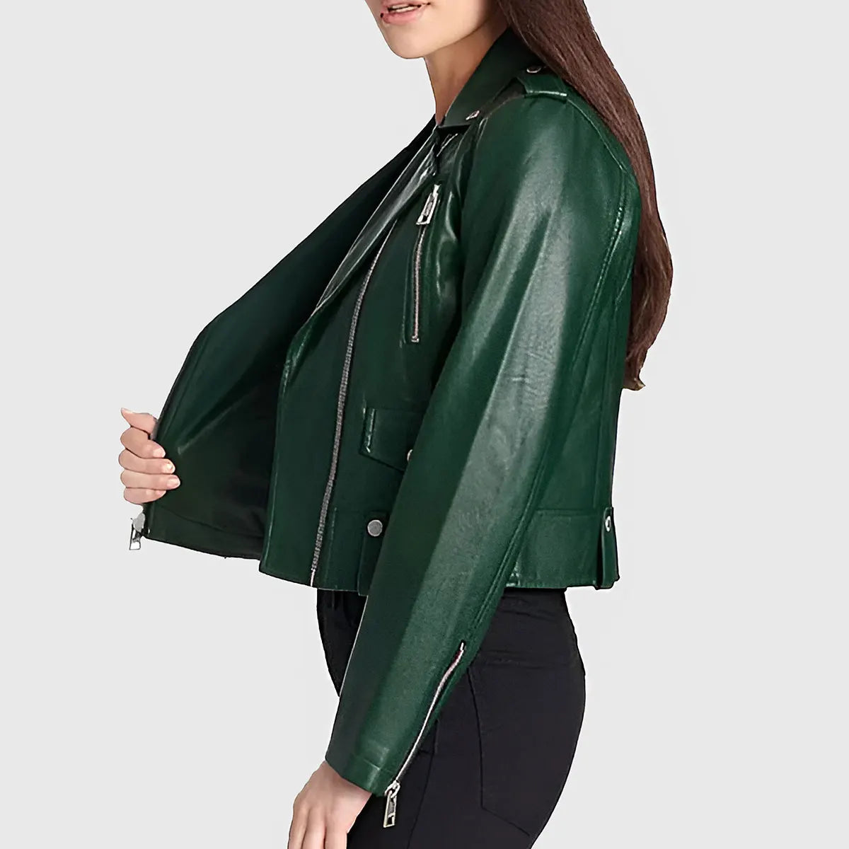 Lush Gear women's green leather biker jacket with zipper details and fitted silhouette