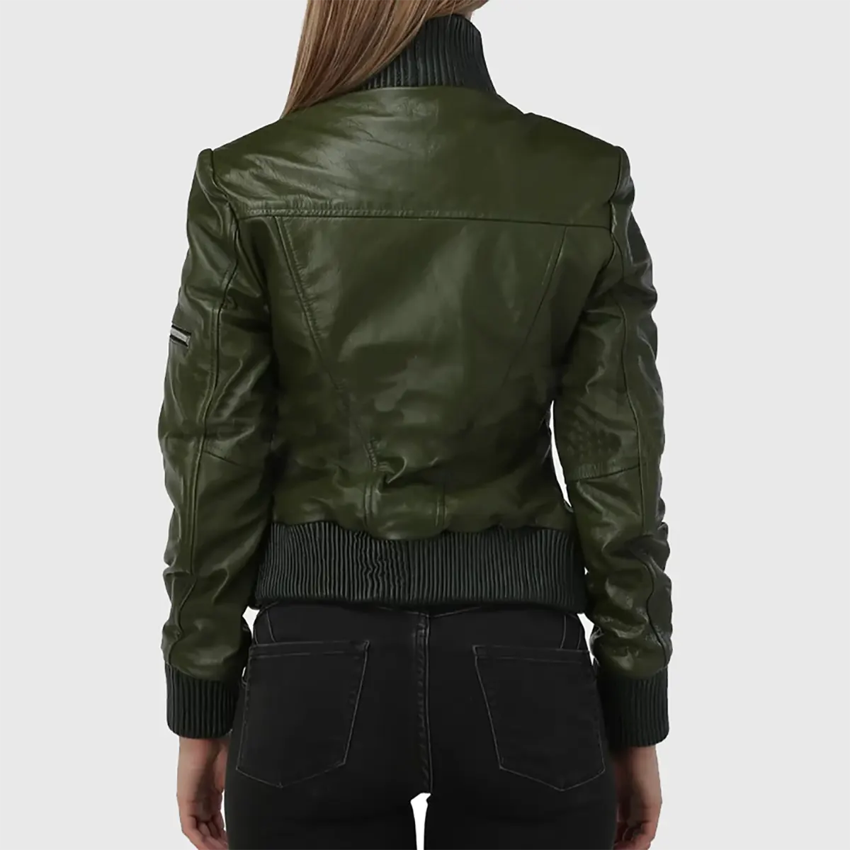Back view of women's green leather bomber jacket by Lush Gear with ribbed collar and cuffs