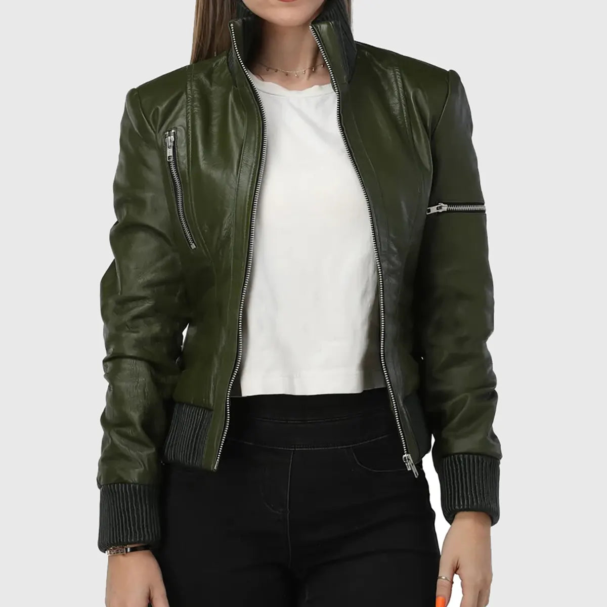 Lush Gear women's green leather bomber jacket with zipper pockets and ribbed cuffs