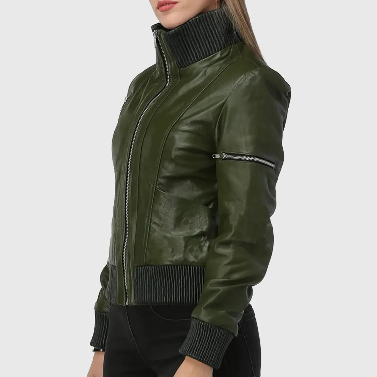 Lush Gear women's green leather bomber jacket with ribbed collar cuffs and zippered arm pocket