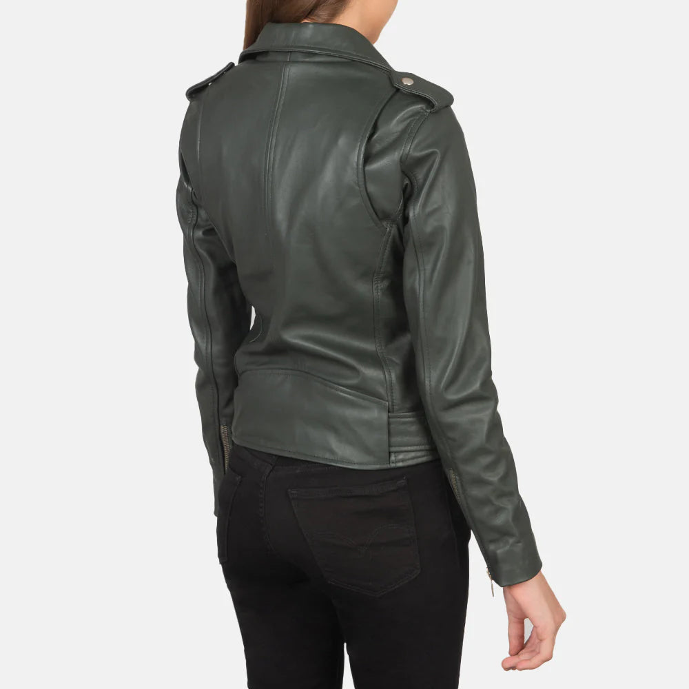 Back view of women's green moto jacket by Lush Wear with long sleeves and shoulder epaulets