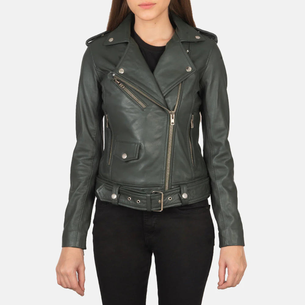 Lush Gear women's green moto jacket with zipper closures and belted waist styled on model