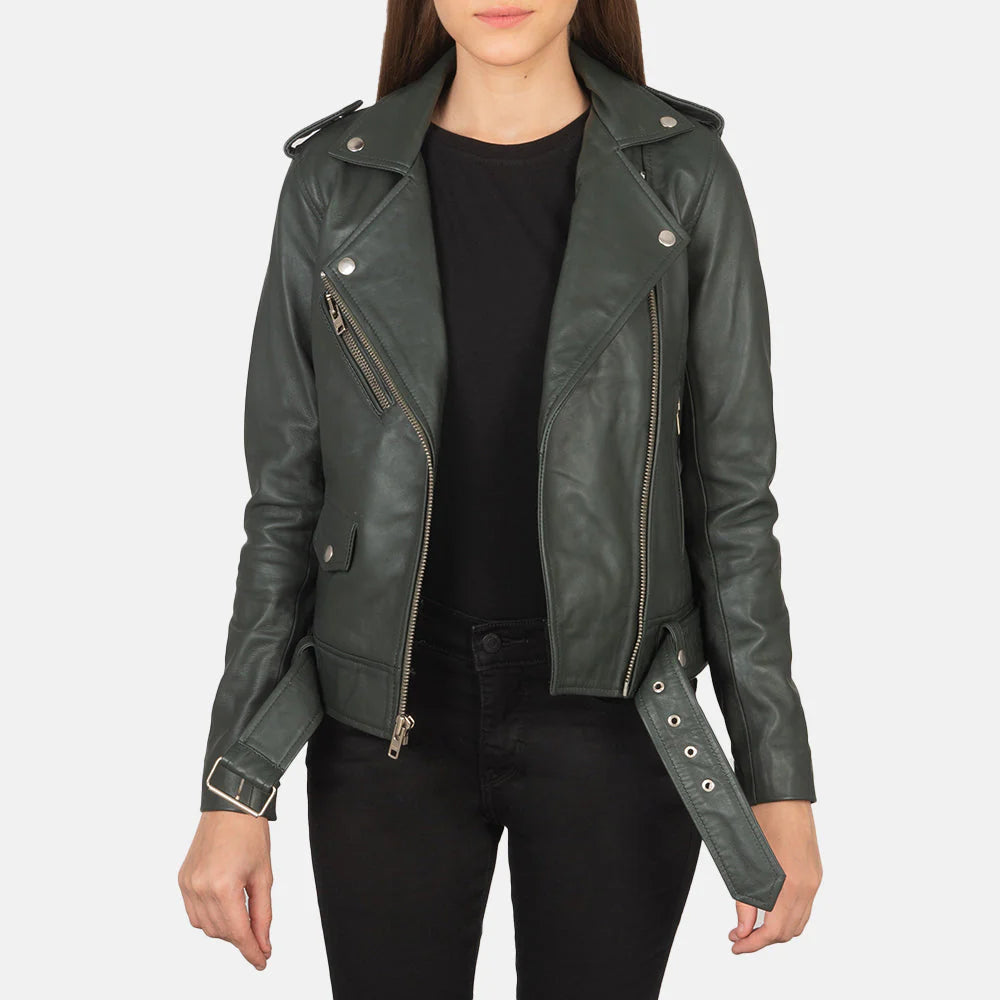 Lush Wear women's green moto jacket in leather with zipper details and belt at the waist