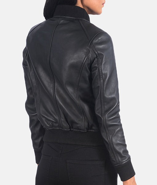 Lush Gear women's leather bomber jacket in black with ribbed collar and cuffs shown from the back