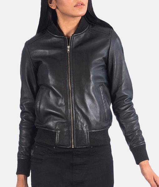 Black women's leather bomber jacket by Lush Gear with front zipper and ribbed cuffs