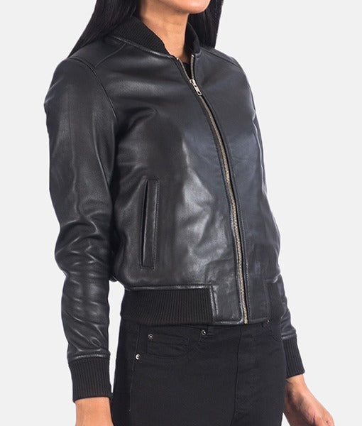 Lush Gear black women's leather bomber jacket with front zipper and ribbed cuffs and hem
