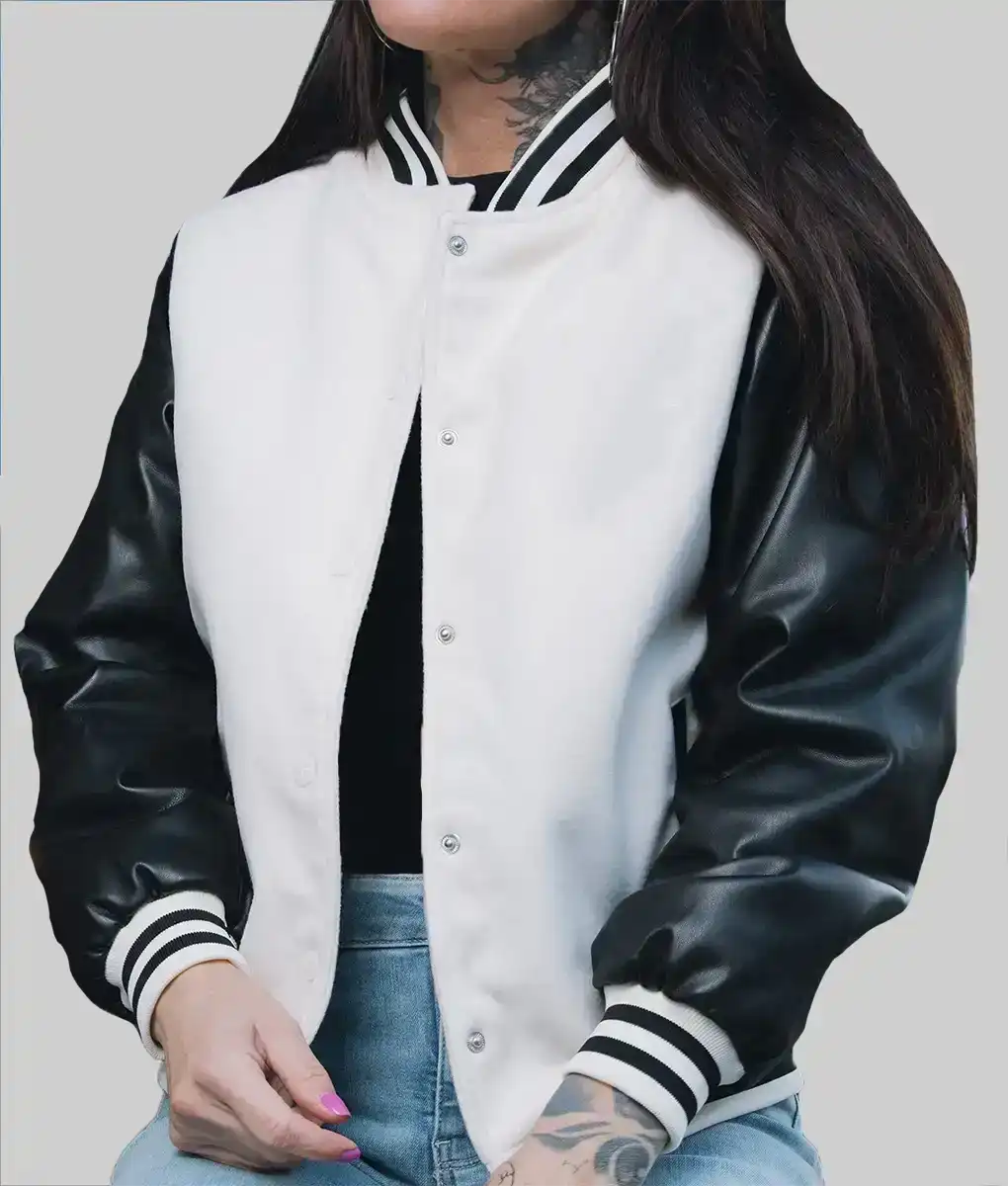 Lush Gear women's leather varsity jacket in white with black leather sleeves and striped collar and cuffs