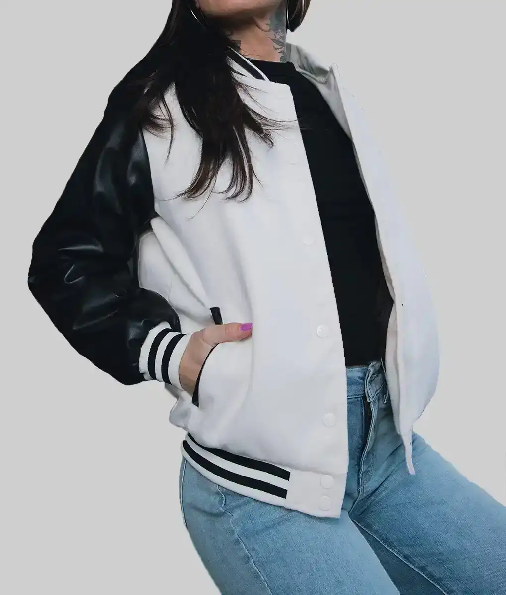 Lush Gear women's leather varsity jacket in white with black sleeves and striped cuffs