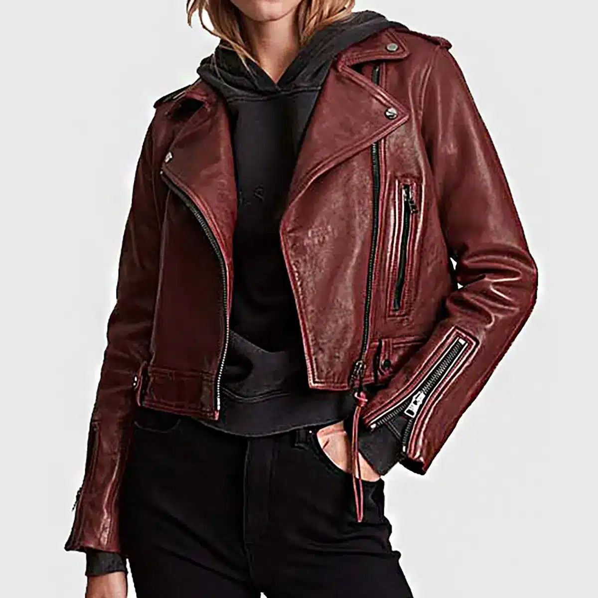 Lush Gear women's maroon leather biker jacket with zipper details and classic lapel collar