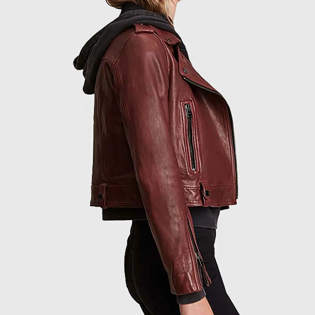 Lush Gear women's maroon leather biker jacket with zippered pockets and button details
