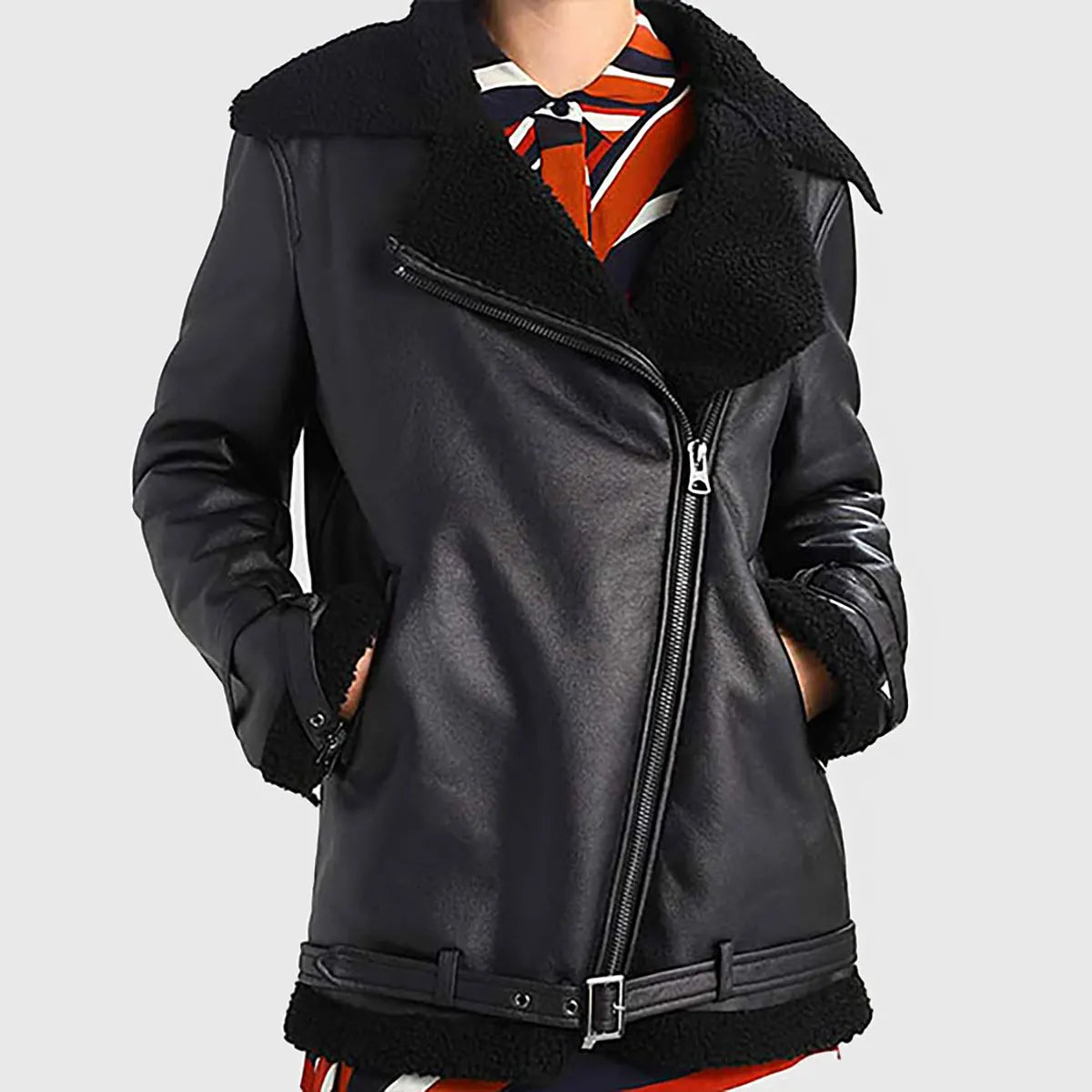 Lush Gear women's oversized leather bomber jacket with black shearling collar and zip closure