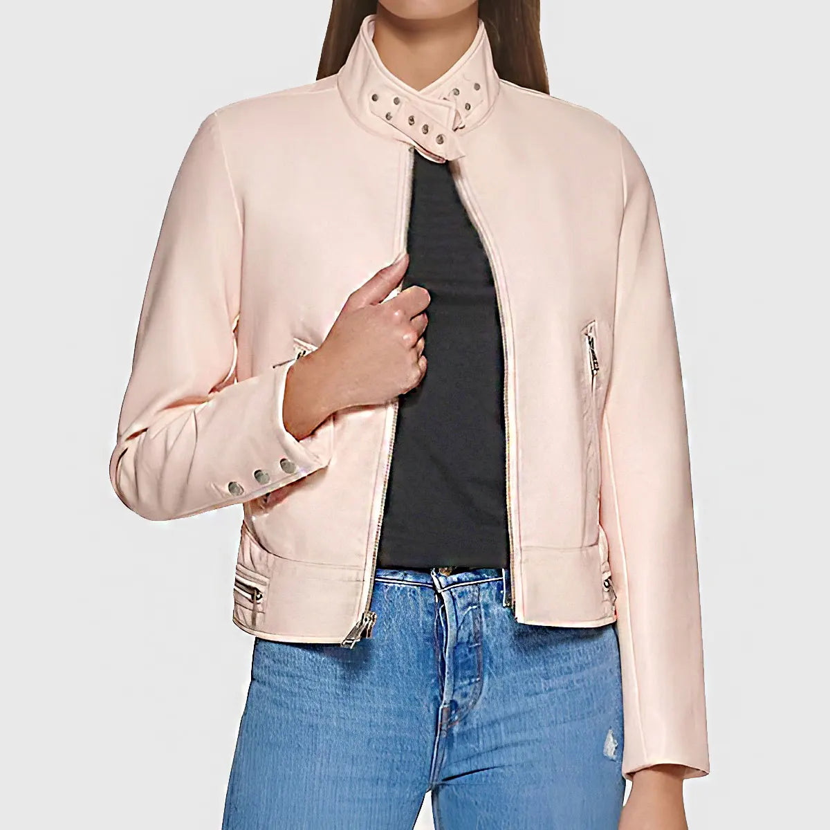Lush Gear women's pink biker leather jacket with zippered pockets and snap collar detail