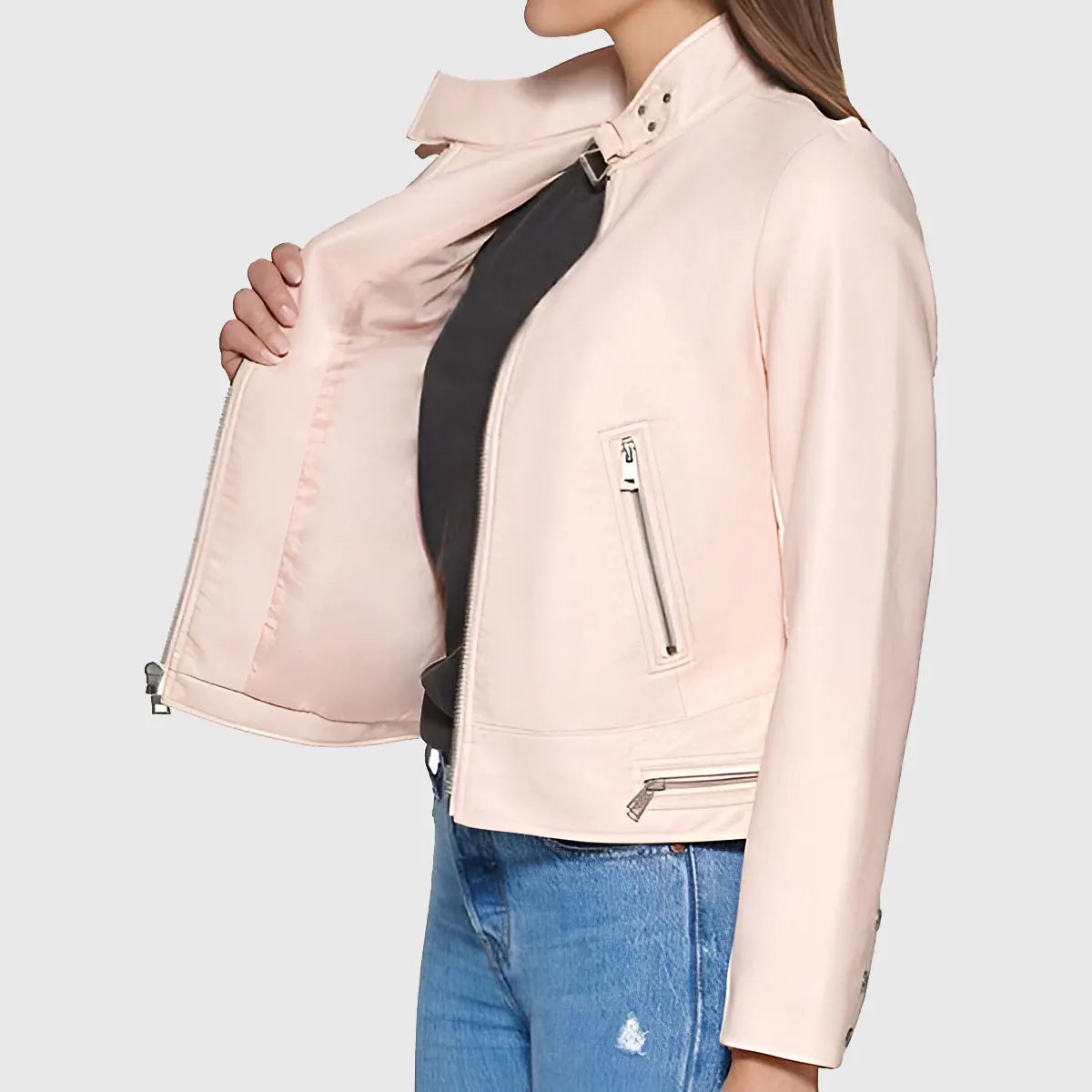 Lush Gear women's pink biker leather jacket shown open with silver zipper details