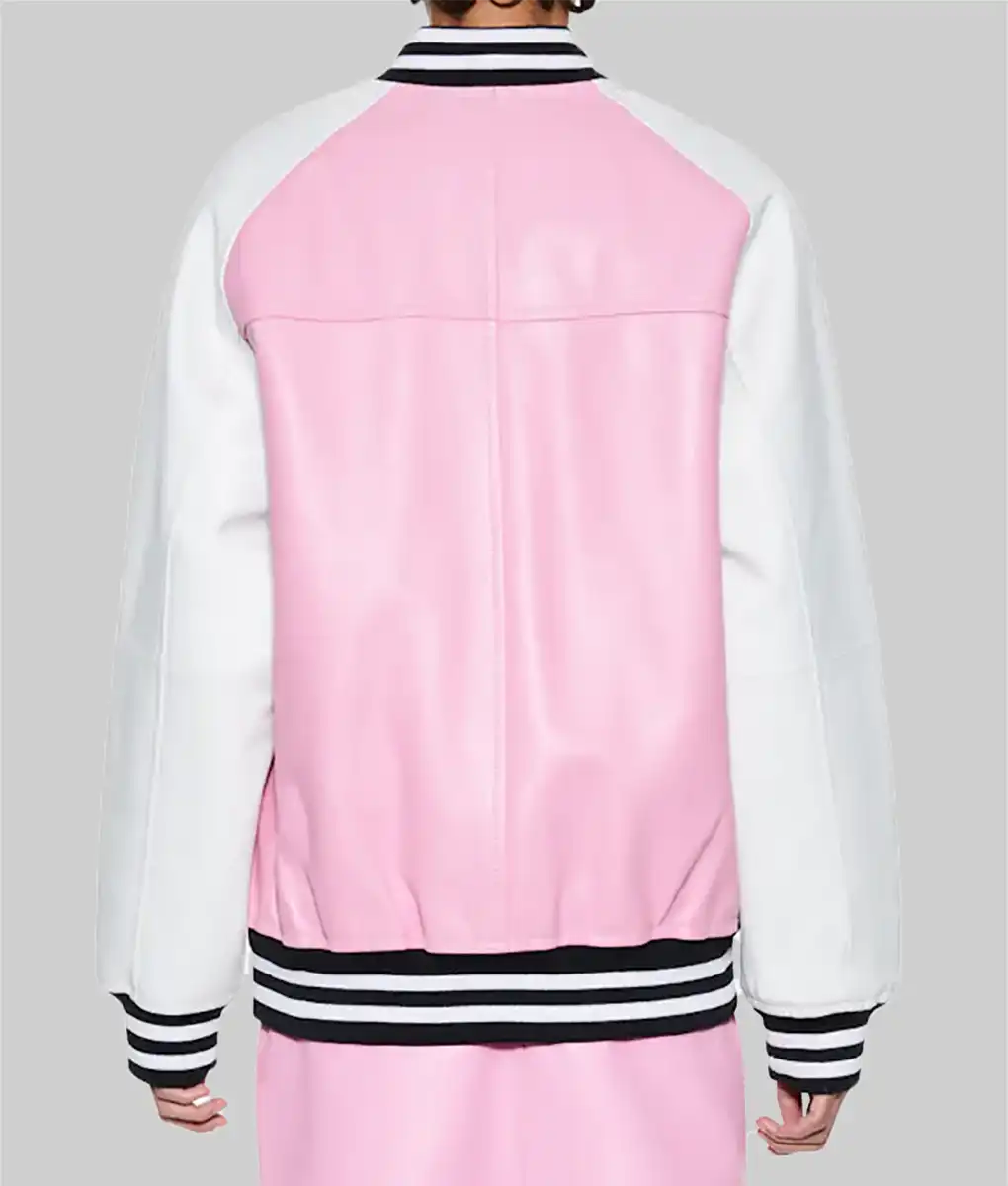 Back view of women’s pink leather varsity jacket with white sleeves and black striped cuffs by Lush Gear