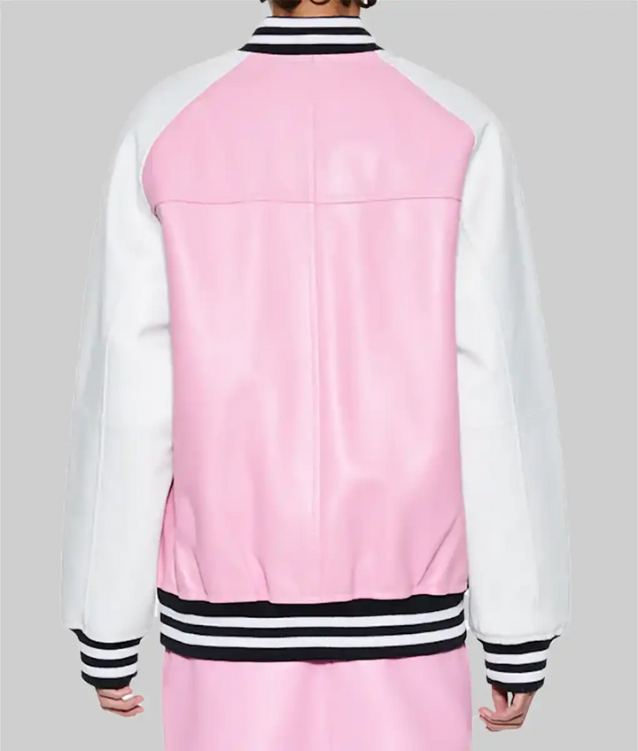 Back view of women’s pink leather varsity jacket with white sleeves and black striped cuffs by Lush Gear