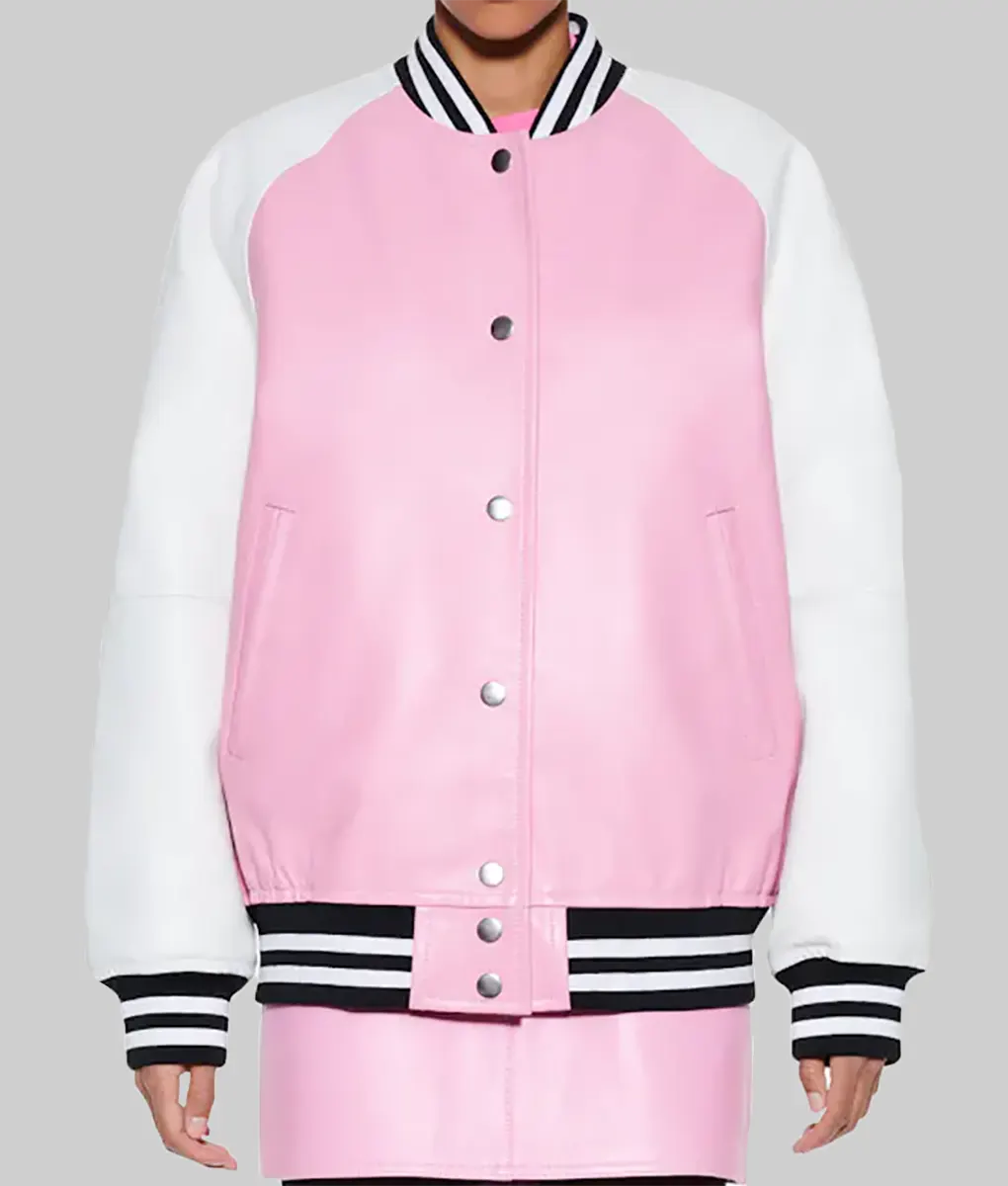 Women’s pink leather varsity jacket by Lush Gear with white sleeves and striped black and white cuffs